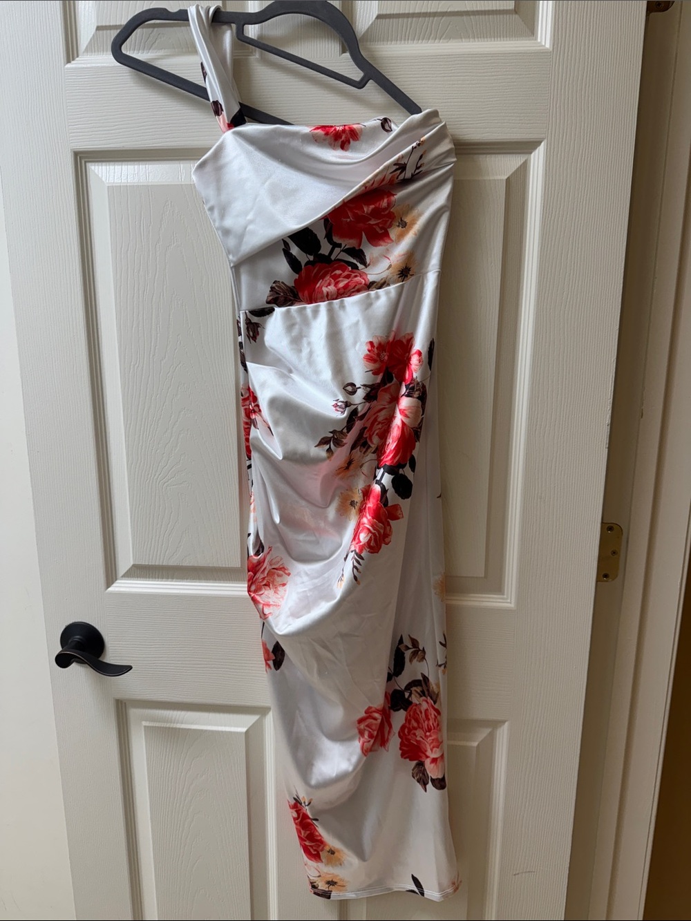 Floral One-Shoulder Slip Dress in White with Red Roses